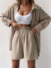 Cotton and Linen Shirt Shorts Sets Summer Fashion Solid Two Piece Set for Women Long-sleeved Shirt and Shorts Womens Suit 240407