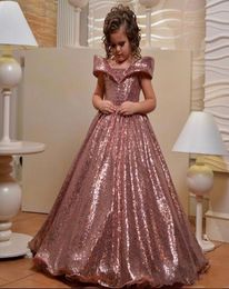 Rose Gold Sequined Girls Pageant Dresses Off Shoulder Lace up Back Sweep Train Child Birthday Party Gowns Flower Girl Dress for We4626209