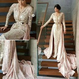 Lättklänningar kväll marockansk elegant kaftan rosa spetsapplikationer pärlor pärlor långa ärmar sjöjungfru formell festklänningar arabisk muslimsk kändis klänning