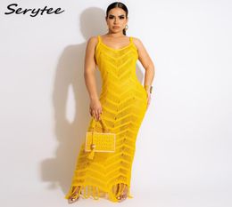 Serytee Beach Boho Crochet Tassel Knitted Summer Dress Women Sexy V Neck Strap Sleeveless Hollow Out Swimsuit Cover Up Maxi Dresse4206348