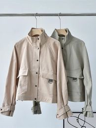 Women's Jackets Women Stand Collar Cotton Jacket Pocket Beading Loose Straight Long Sleeve Zipper Female Safari Style Autumn 2024 Coat