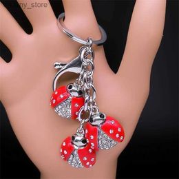 Keychains Lanyards Cute Red Keyring Holder for Women Men Rhinestone Tassels Silver Colour Ladybird Keychain Purse Bag Car Lovely Jewellery Y240417