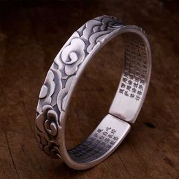 925 Sterling Silver Bracelet used male and female Bracelet lotus leaf Xiangyun Heart Sutra engraved relief open Bracelet Silver Jewelry