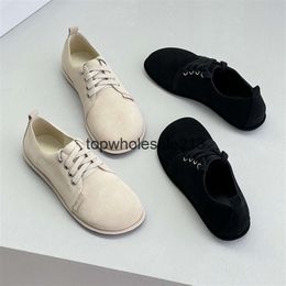 The Row Women's Top-quality Up Suede Loafers Cow Lace Lightweight and Simple Casual Matte Leather Large Toe Shoes Single Shoes