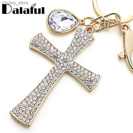 Keychains Lanyards Dalaful Full Crystal Cross Keyrings Keychains Lucky Teardrop Purse Bag Pendant for Women Key Chains Holder Rings For Car K365 Y240417