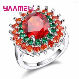 Cluster Rings Brand Passionate Style Red Stone Ornament Green Crystal Flower Shape Cubic Zirconia 925 Sterling Silver Ring For Party