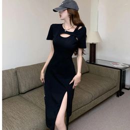 Casual Dresses Women's Hollow Out Sexy Slim Fit Split Dress Spicy Girl Slimming Mid Length Black Diagonal Shoulder Style A-Line
