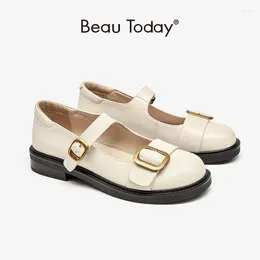 Casual Shoes BeauToday Lolita Women Sheepskin Leather Mary Janes Round Toe Flats Metal Buckle Kawaii Wide Band Female 28413