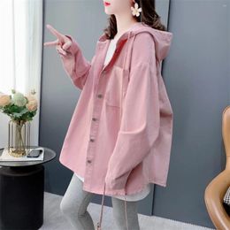 Women's Blouses Women Cardigan Hooded Pink Shirts Single-breasted Streetwear Spring Autumn Jacket Windbreaker Long Sleeve Loose Oversized