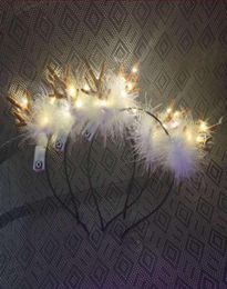 LED Fluffy Feather Antlers Headband Christmas Glowing Light Up Flashing Deer Ears Hairband Costume Fancy Cosplay Party Decor with 4652936