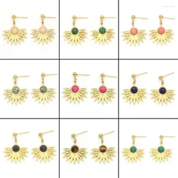 Dangle Earrings Vintage Gold Colour Bohemian Retro Natural Stone Sector Style Pendant For Women Unusual Ear Ring 2024 Trendy Jewellery