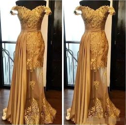 2024 Modest Gold Prom Dresses Lace Applique Beaded Cap Sleeves Tulle Elastic Satin Overskirt Formal Occasion Wear Long Evening Gown
