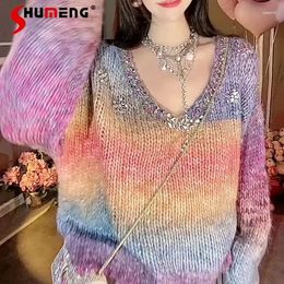 Women's Sweaters Fashionable Diamond Gradient Sweater Autumn Winter Loose Long Sleeve Nice Knitwears All-match Knitted Tops