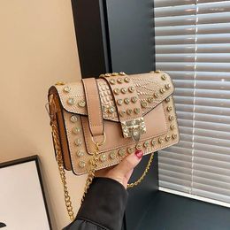 Totes 2024 Women Bag Beading PU Patchwork Crossbody Punk HIP HOP Style Square Party Girls Versatile Chain Shoulder