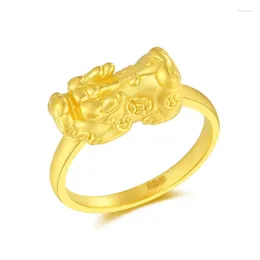 Cluster Rings Real Pure 24K Yellow Gold 3D Pixiu Ring Women Girl Thin US 5-10