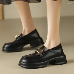 Casual Shoes 2024 Black Platform Women Loafers Fashion Round Toe Chunky Heels Retro Flat Female Slip On Dress Pumps