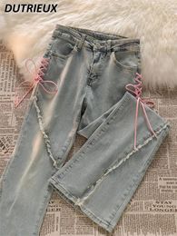 Women's Jeans Spring Summer Sweet Style Lace-up Bandage Design Sense Framed Hem Split Bootleg Denim Pants Tide Flare