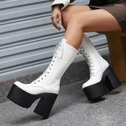 Boots Women Knee High Platform Chunky Heel Lace Up Punk Girl Shoes Plus Size 43 Long Mid Calf Botas