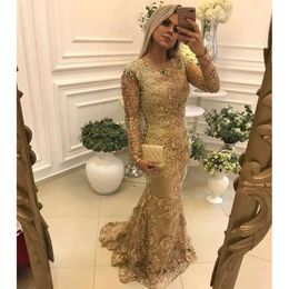 Gold Lace Elegant Mermaid Evening Floral Dresses Sleeves Applique Beaded Long Prom Dress Formal Event Party Gowns Classic Women Mother Wear