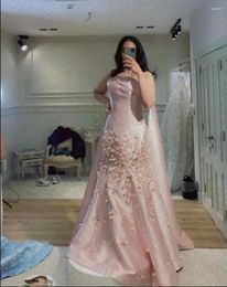 Party Dresses Elegant Vestido De Fiesta Boda Light Pink 3D Flowers Long Neck Train Evening Gown For Women P2412