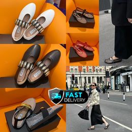 With Box Designer Sandal ballet slider flat dressing shoes dancing Women round toe Rhinestone Boat shoes Luxury leather riveted buckle shoes size 35-40 GAI black