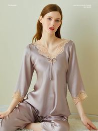 Women's Sleepwear High-Grade Silk 7-Quarter Sleeve Pajamas Spring Autumn And Summer Western Style Slimming Home Wear Two-Piece Suit