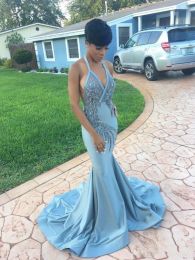 2024 Sexy Blue Backless Halter Prom Dresses Beaded Satin Custom Made African Formal Occasion Wear Long Party Gowns