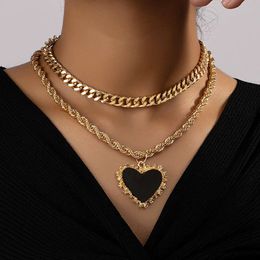 New Gold Plated Double Layer Cuban Chain Buckle Black Women's Heart Necklace