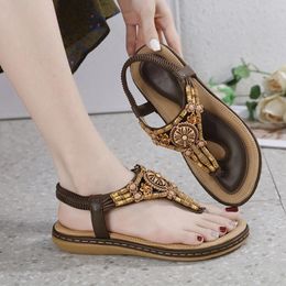 Sandals Women Comfortable Bohemian Style Flip Up Beaded Rhinestone Buckle Elastic Heel Elegant Woman Heeled Shoes