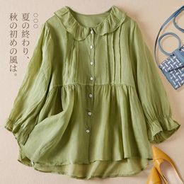 Women's Blouses 6-color Cotton And Linen Seven-minute Sleeve Doll Collar Cardigan Blouse Spring Summer Korean Temperament Loose Casual S