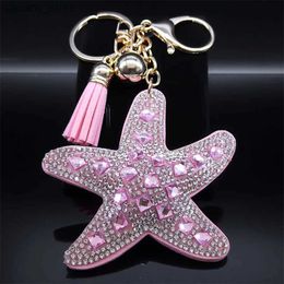 Keychains Lanyards Seastar Pink Farbe Quastenkristall Schlüsselbund für Frauen Männer Star Schlüssel Ringbeutel Accessoires Schmuck Porte Clef Femme K4924S01 Y240417