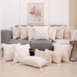 Pillow Beige White Tufted Tassel Cover Boho Geometric Embroidered Lumbar Throw Covers Home Decorative For Sofa