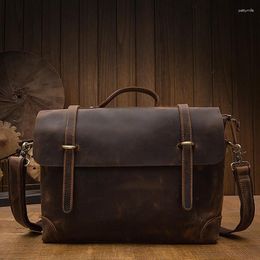 Briefcases Handmade Crazy Horse Leather Shoulder Bag For Men Genuine Cross Body Vintage Briefcase Cowhide Office Messenger