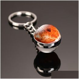 Keychains Lanyards Solar System Planet Keyring Galaxy Neba Space Keychain Moon Earth Sun Mars Art Picture Double Side Glass Ball Key C Dh5C6