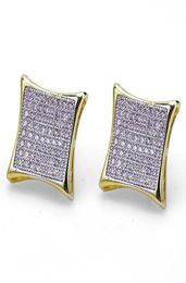 Men Hip Hop Stud Earrings Square Screw Back Shining White Zircon Earrings Gold Plated Vintage Geometric Jewellery Whole4595308