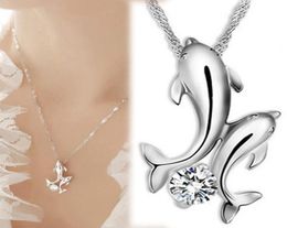 Pendant Necklaces Cute Dolphin necklace 925 Silver Double Dolphin Rhinestone Short Chain Pendant Necklace Women Fashion Jewelry Pi4905824