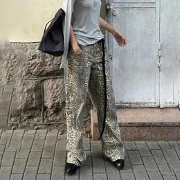 Women's Jeans Leopard Print Wide Leg For Women Men Retro Streetwear Denim Trousers With Hop Pockets Zipper Closure
