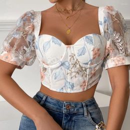 Women's T Shirts Sexy Summer Shaper Corset Top Crop Blusa Lingerie Frence Korean Embroidery Floral Lace Blouses Vintage Puff Sleeves
