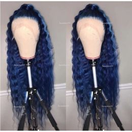 Dark Blue Colour Water Wave Wig With Baby Hair High Temperature Synthetic Lace Front Wigs For Black Women Cosplay s