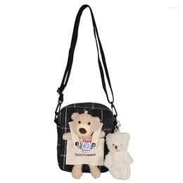 Bag Cute Bear Girl Doll Shoulder Women Casual Plaid Canvas Book Bags For Ladies Phone Coin Money Handbags