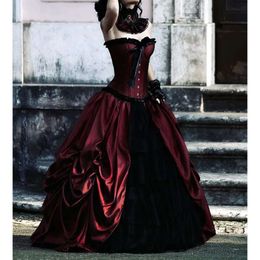 Tiered Victorian Ruched Gothic Dress Wedding Floor Length Vintage Bride Wear Sweetheart Sleeveless Long Bury And Black Taffeta Retro Mediaeval Bridal Gown