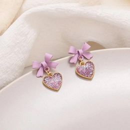 Stud Earrings Korean Trendy Pink Purple Bowknot Frosted Sequin Heart Drop Ear For Women Summer Holiday Chic Jewellery Valentine's Day Gift