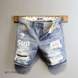 Men's Jeans Summer Light Blue Ripped Cat Whisker Patch Letter Print Slim Denim Shorts Teenagers Boys And Girls Cowboy Short Pants 23 409