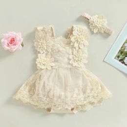 Infant Baby Girl Summer Romper Floral Lace Embroidery Romper Dress Straps Sleeveless Sweet Triangle-Bottom Jumpsuit And Headband 240417