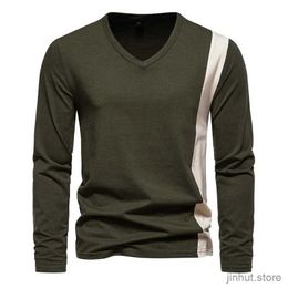 Men's T-Shirts Fashion Mens T-Shirt V Collar Long Sleeved Tops Stitching Color Mens Shirt Tights Bottom Gym Shirts For Male Clothes