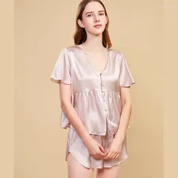 Women's Sleepwear High Quality Real Silk Two-Piece Short Sleeve Pyjamas Shorts Spring Autumn Home Wear Sexy Pink