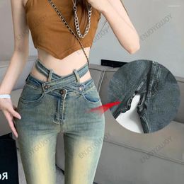 Women's Jeans Ms Bell Bottoms Pants Invisible Open Crotch Outdoor Sex Gradient Colour Retro Cross Hollowed Horseshoe Elastic