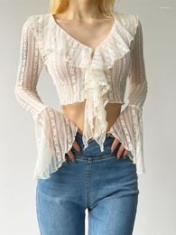 Women's T Shirts Ahagaga Fashion Pure Desire Sexy V-neck See-through Lace Top Crop Bell Sleeve All-Match Slim Looking T-shirt