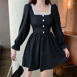 Casual Dresses Autumn Women's Japanese Mini Lolita Dress With Square Collar Lace Pink Plaid Beaded Bell Sleeve Cute Kawaii Female