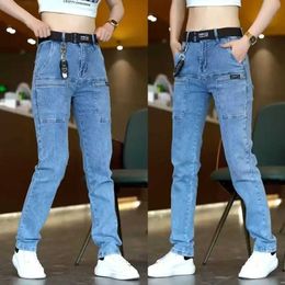N7CP Men's Jeans Korea Women Men Cargo Denim Pants Casual Blue Gray Y2K Streetwear Straight Male Trousers Womens Mens Clothing d240417